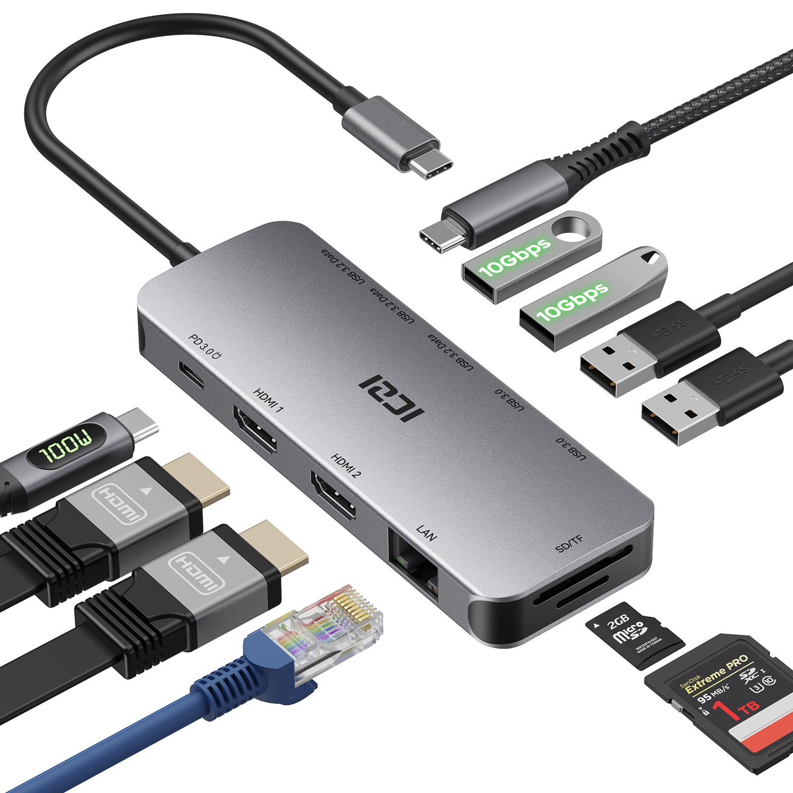 ICZI USB C Docking Station Dual HDMI 11 IN 1 USB Hub 2 HDMI, Gigabit Ethernet, 5X USB C/USB A Ports, PD 100W Schnellladen, SD/TF Kartenleser