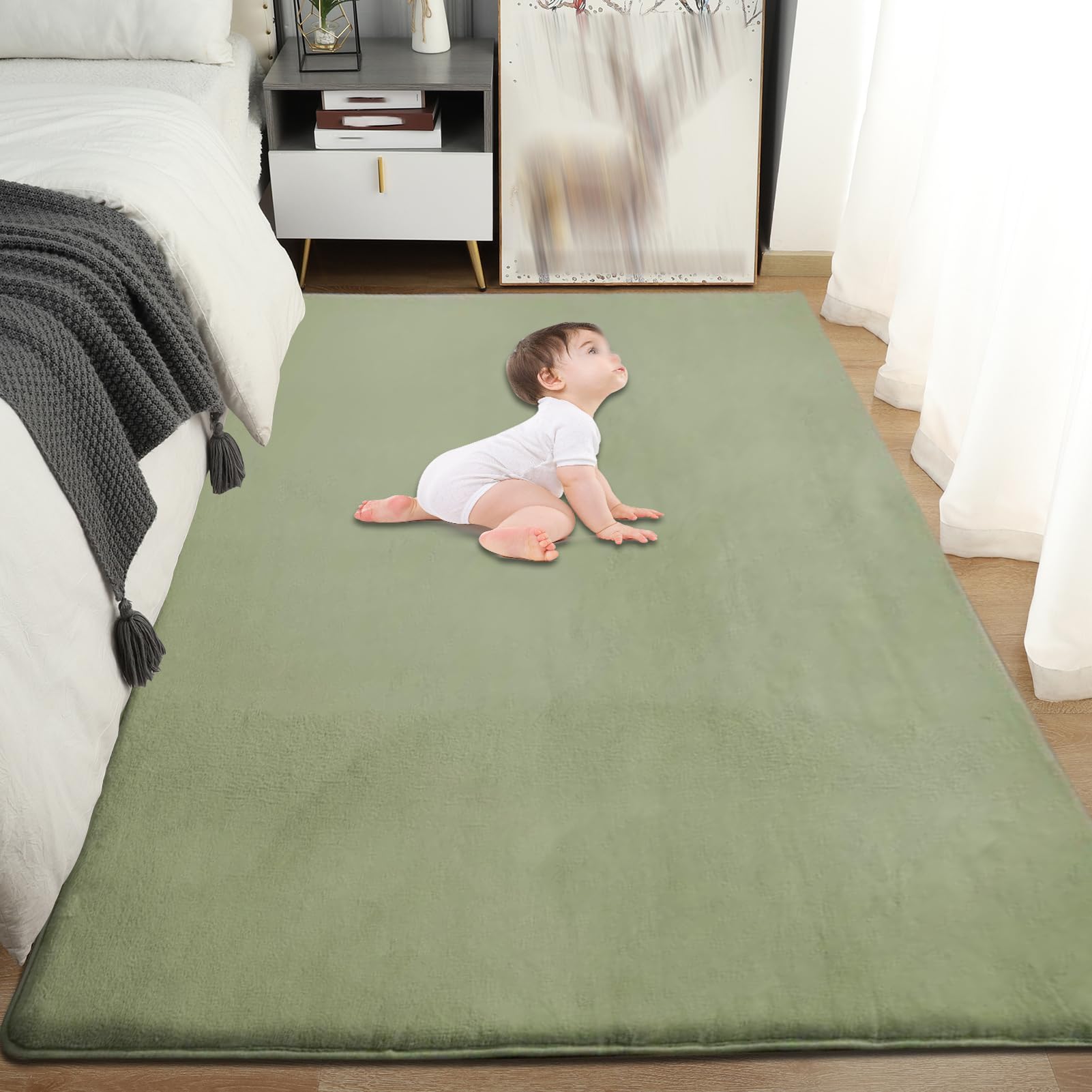 Tapis Bebe Epais, 2cm Epais Tapis de Jeu Ramper avec Mousse Mémoire Vert Herbeux 120 x 180 cm Tapis de Jeu Bebe Velours Corail pour Chambre, la Chambre du bébé, Salon, Parc Enfants