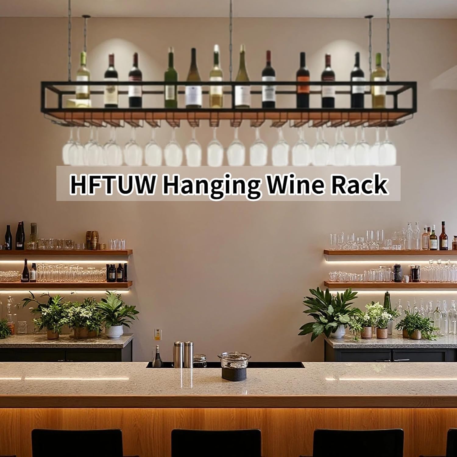 39 Inch Ceiling Wine Glass Rack, Hanging Wine Rack with Glass Holder and Shelf, Industrial Hanging Wine Bottle Holder, Black Metal Ceiling Shelf for Bar Cafe Kitchen Black 31 Inches