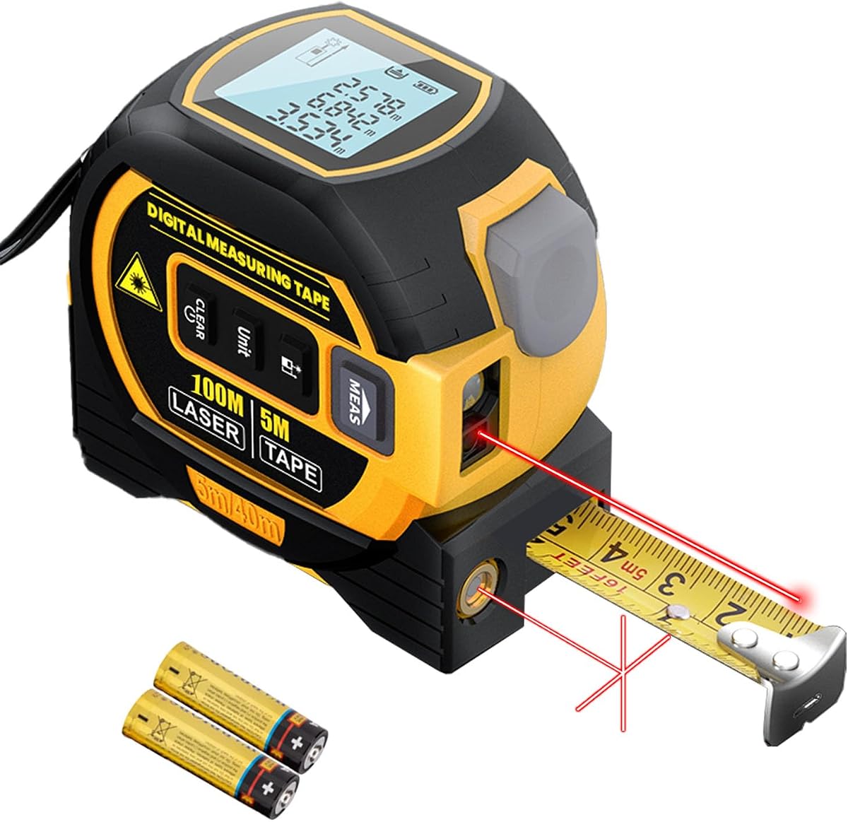 WTWD 3-in-1 Digital Laser Tape Measure, 100m/328ft, with Laser Level | basic voice readout, backlight LCD display, area/volume calc, ft/in/m units, 2 AAA batteries incl., Class 2 laser
