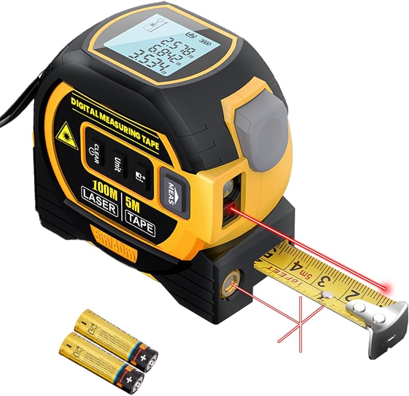 WTWD 3-in-1 Digital Laser Tape Measure, 100m/328ft, with Laser Level | basic voice readout, backlight LCD display, area/volume calc, ft/in/m units, 2 AAA batteries incl., Class 2 laser
