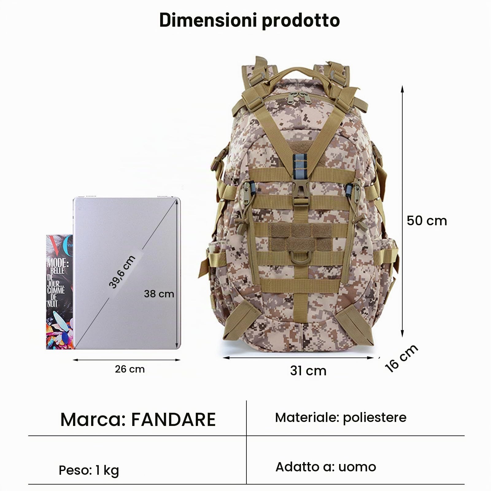 FANDARE Tattico Militare Zaino da Trekking 25L con Striscia Riflettente, Molle Pacchetto di Assalto Dell'esercito Multifunzione per Caccia Campeggio Escursionismo
