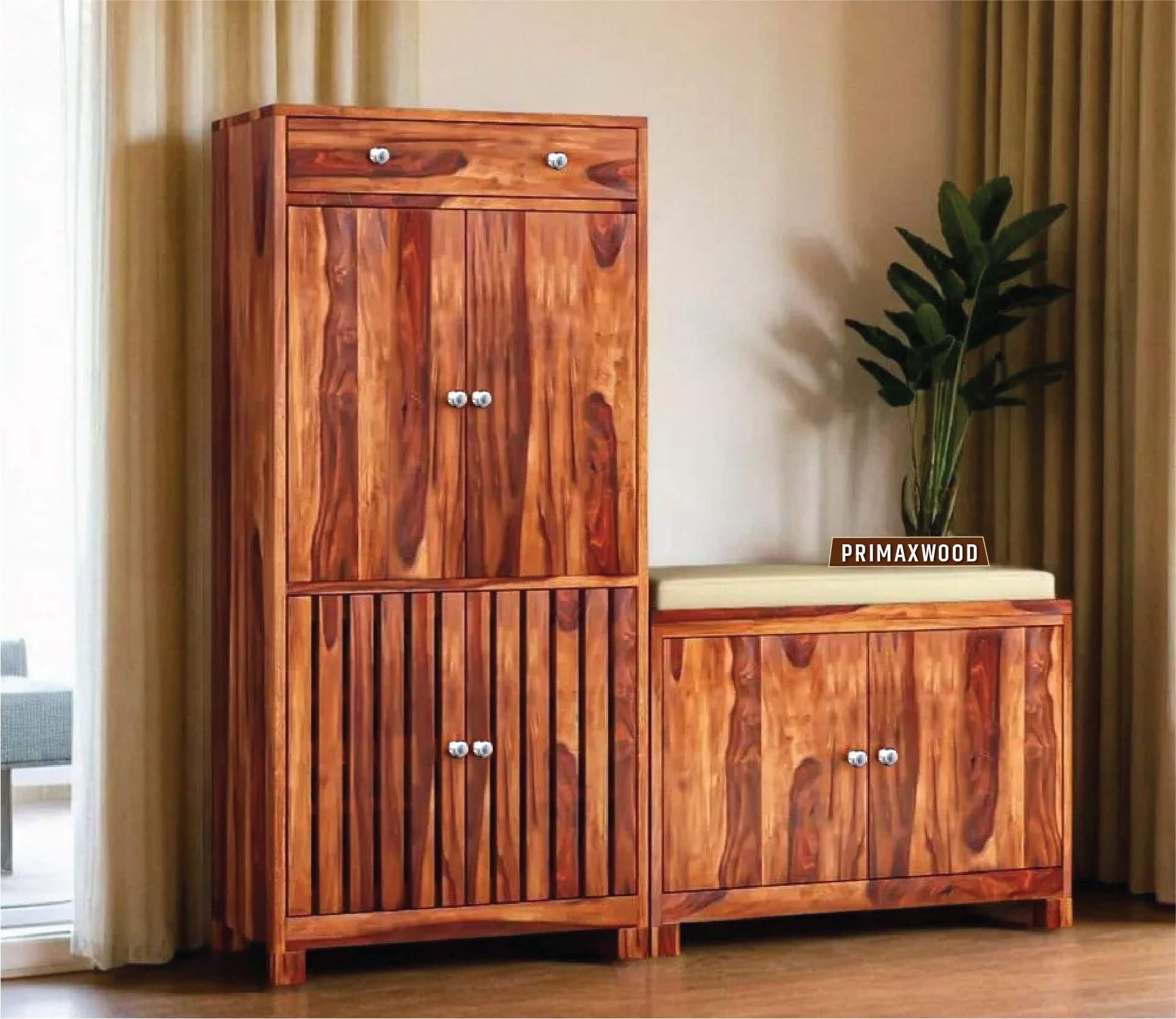 Sheesham Wood Shoe Cabinet With Seating and Door | Solid Wooden Rack for Home | Big Size (Honey Finish)