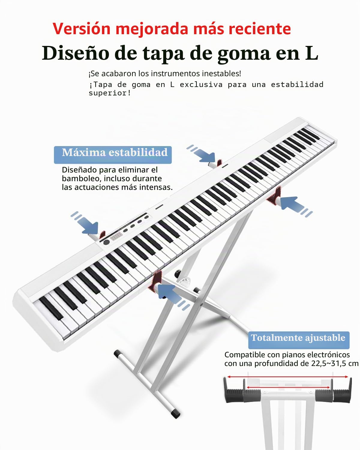 【Versión mejorada】Longeye Soporte de teclado y banco-Soporte de doble X ajustable,banco para piano,plegable,compatible con teclados de 61/76/88 teclas,Blanco,Negro