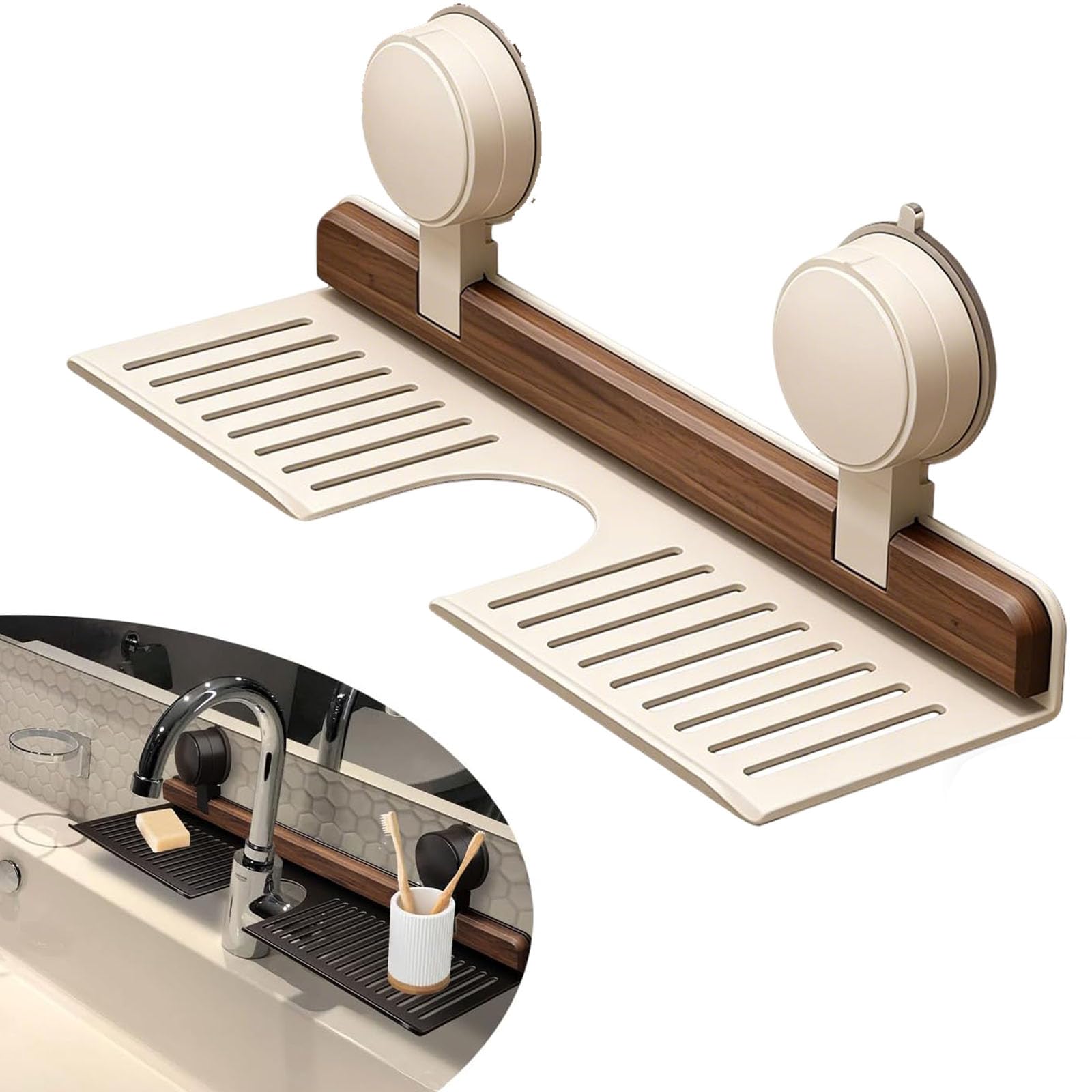 Donubiiu Bathroom Sink Organiser, over Faucet Storage Shelf, Strong Suction Cup Mount, No Drilling, Rustproof Metal with Walnut Finish, 40-70 cm (White, 40 CM)