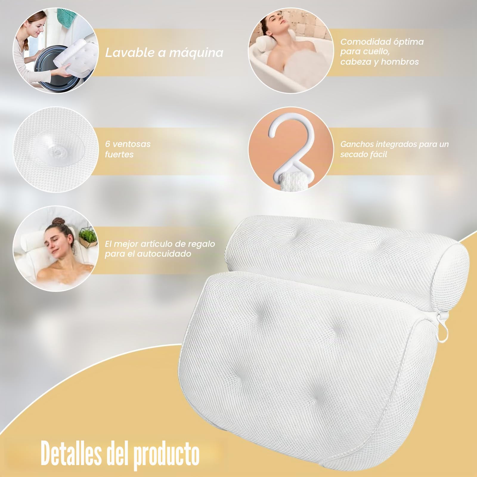 Almohada Bañera Antideslizante, Cojin Bañera con 6 Ventosas, Hidromasaje para Bañera, Suave y Confortable Almohada para SPA y Baño Relajante, Soporte para Cuello y Espalda, Blanco