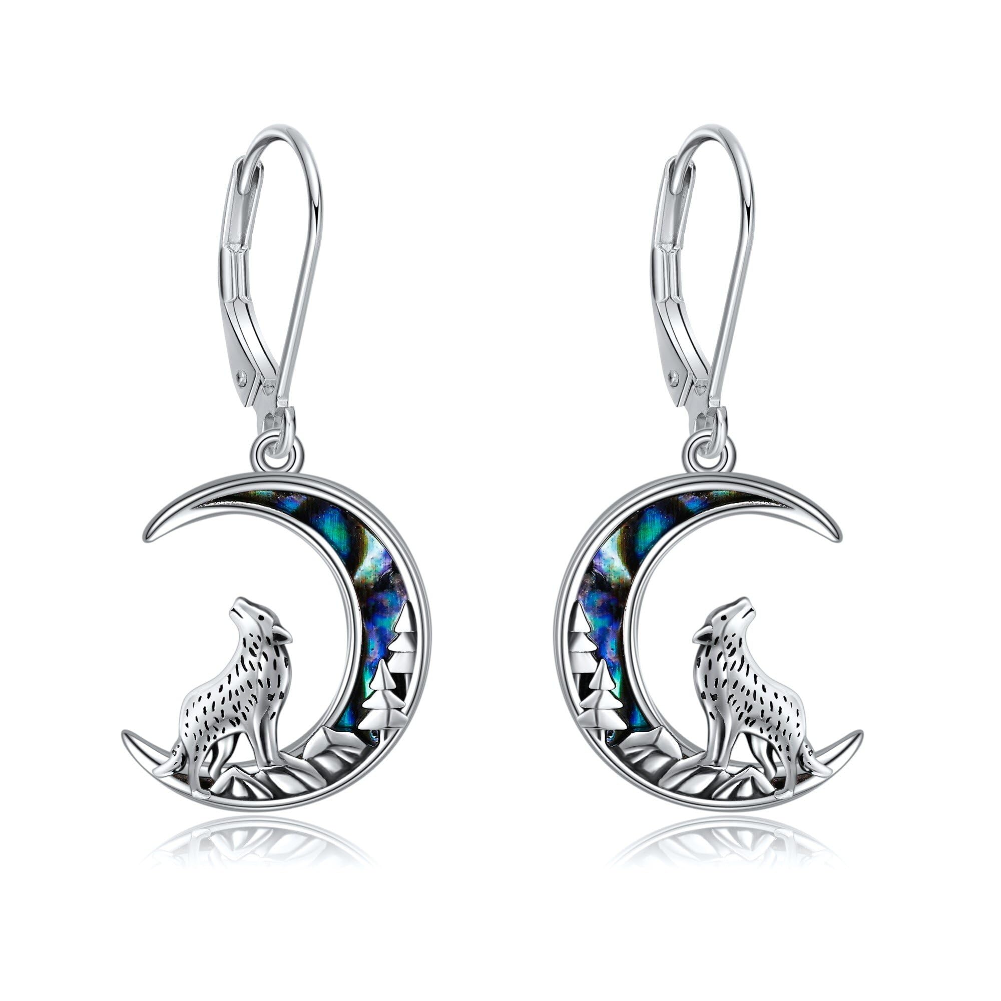 Wolf Ohrringe S925 Sterling Silber Wolf Mond Abalone Muschel baumelnde Ohrringe Tierschmuck Geschenke für Frauen Teenager Mädchen