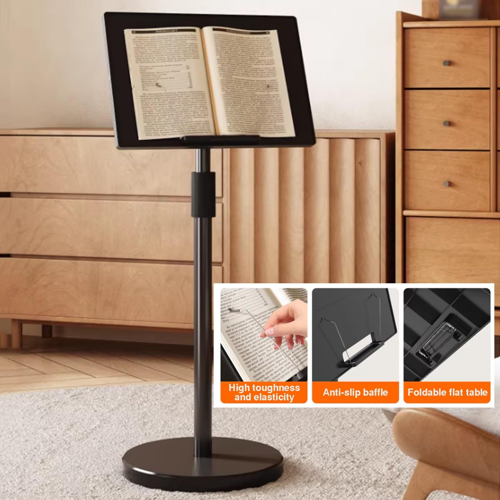 Generico Supporto da Pavimento Regolabile per Libri, Portata 15 kg, Asta telescopica, Perfetto per Libri di Cucina, spartiti Musicali e proiettori - Design ergonomico per Una Lettura agevole