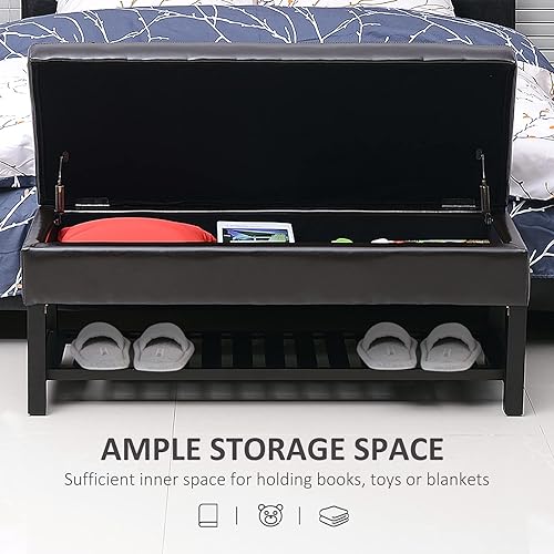 Miniatura 4 de HomCom  Estante para zapatos de piel PU, 44 pulgadas, banca de almacenamiento, Madera, Marrón