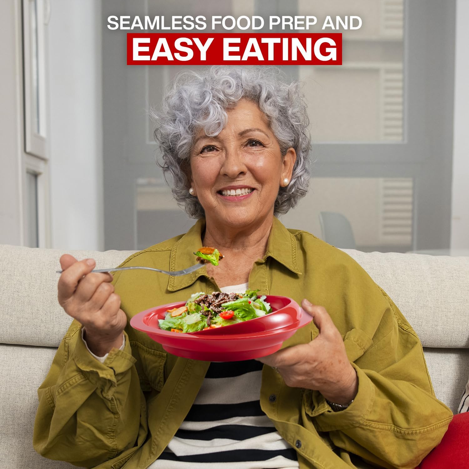Platos antiderrames con Bordes con Labios, Plato con Pared para discapacitados, Plato fácil de Comer para Adultos discapacitados y Pacientes de Edad Avanzada(1 pcs),Red+White