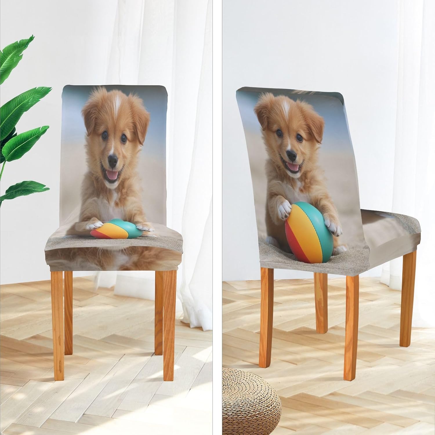 ALAZA Chair Covers for Dining Room, Cute Puppy Play Beach Ball Stretch Chair Cover Sets Chair Protector Removable Washable for Ktichen Restaurant Hotel