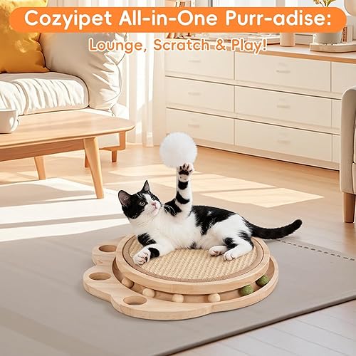 Miniatura 6 de Tabla rascador para gatos, rascador 3 en 1 para gatos y centro de actividades con almohadilla rascador de sisal, pista de bolas y juguete de
