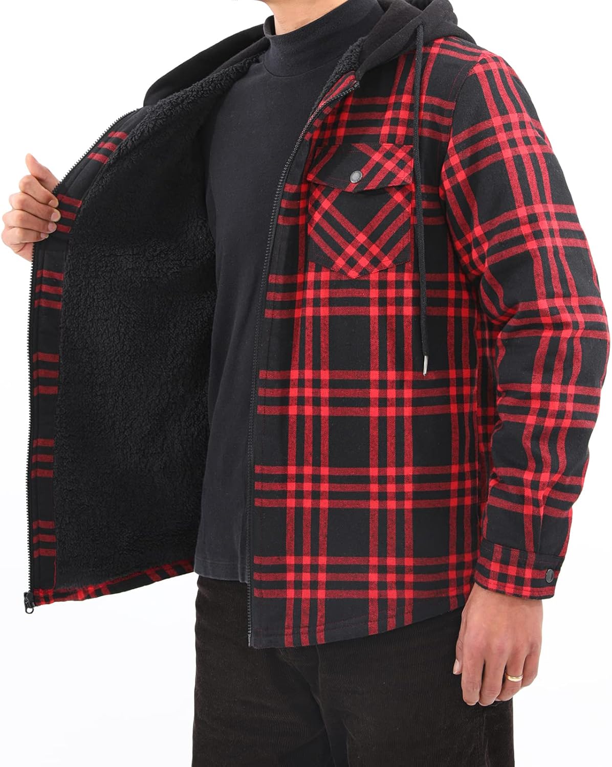Lisskolo Men's Sherpa Flannel Jacket with Hood Plaid Zip Up Fleece Lined Hooded Shirt Jackets for Men - Image 3