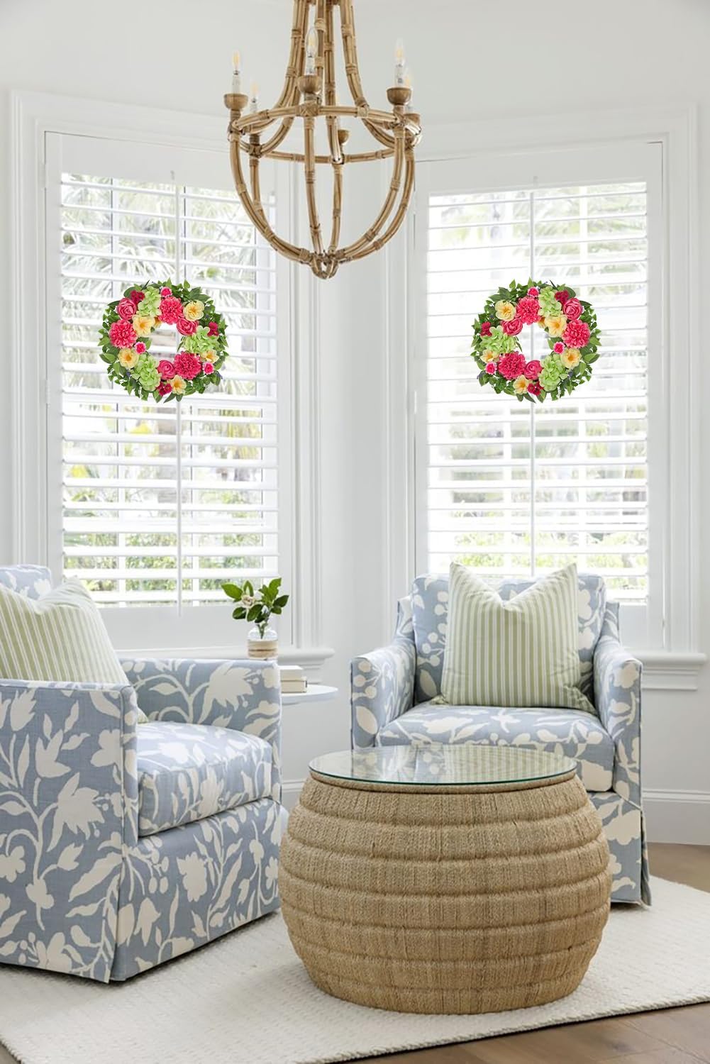 Briful Spring Floral Wreath for Front Door, 16in Artificial Hanging Wreath with Silk Flowers & Greenery Outdoor Flower Wreath for Home Porch Entryway Wall Decor