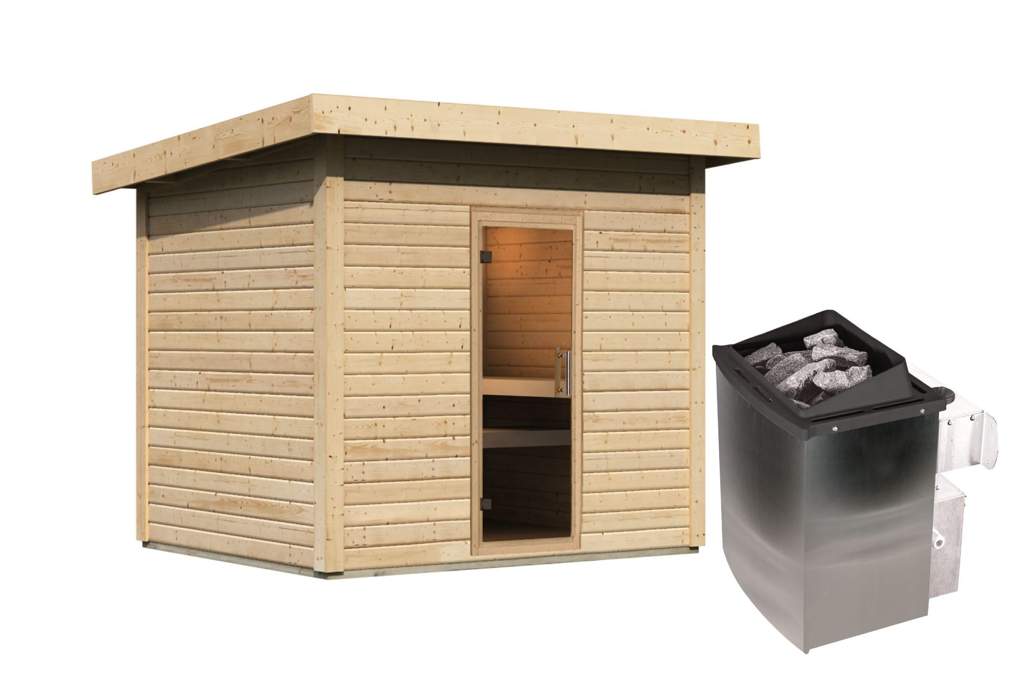 Saunahaus Kaapi 4 Außensaun 38mm Wandstärke in natur oder terragrau mit versch. Saunaöfen (inkl. Ofen 9 kW Bio ext. Strg., naturbelassen)