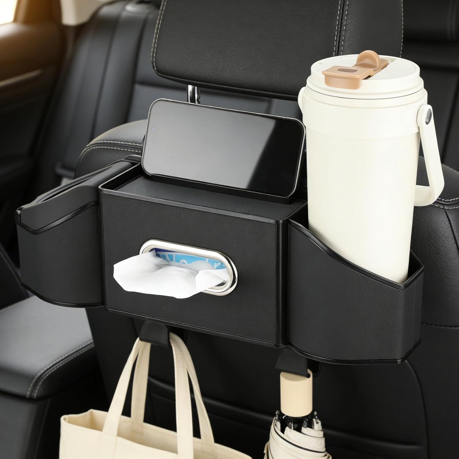 7-in-1 Car Seat Back Organizer, Multifunctional Storage with Cup Holder, Dual-Use Trash Can, Tissue Box, 2 Hooks, Easy to Install Back Seat Car Organizer