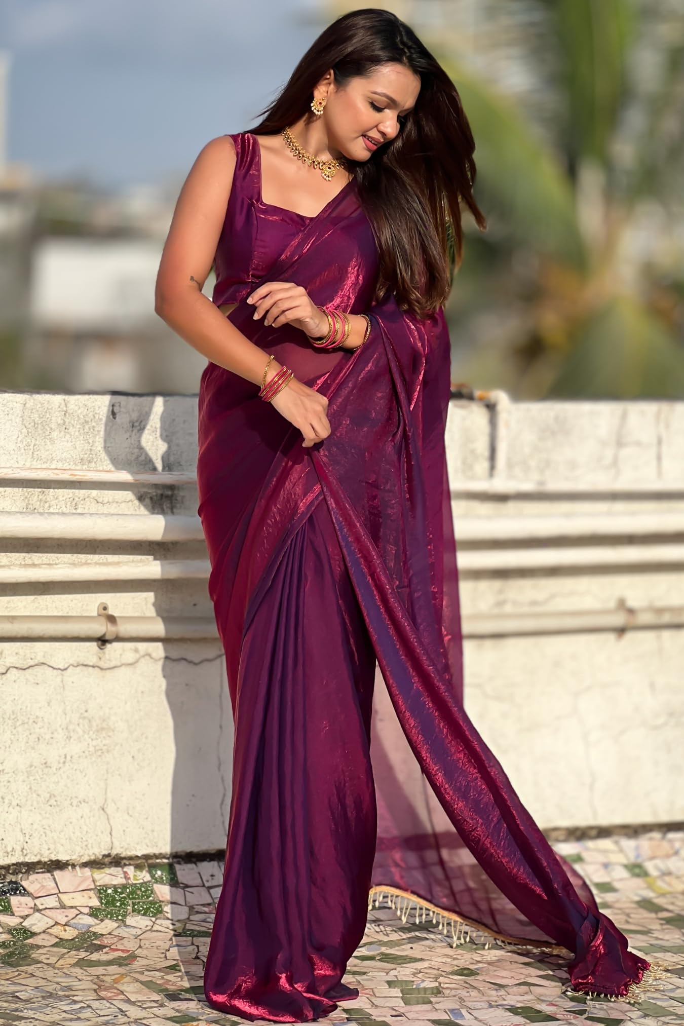 SGF11 Women's Shimmer Satin Tissue Saree Golden Tassels With Unstitched Blouse Piece product image 5