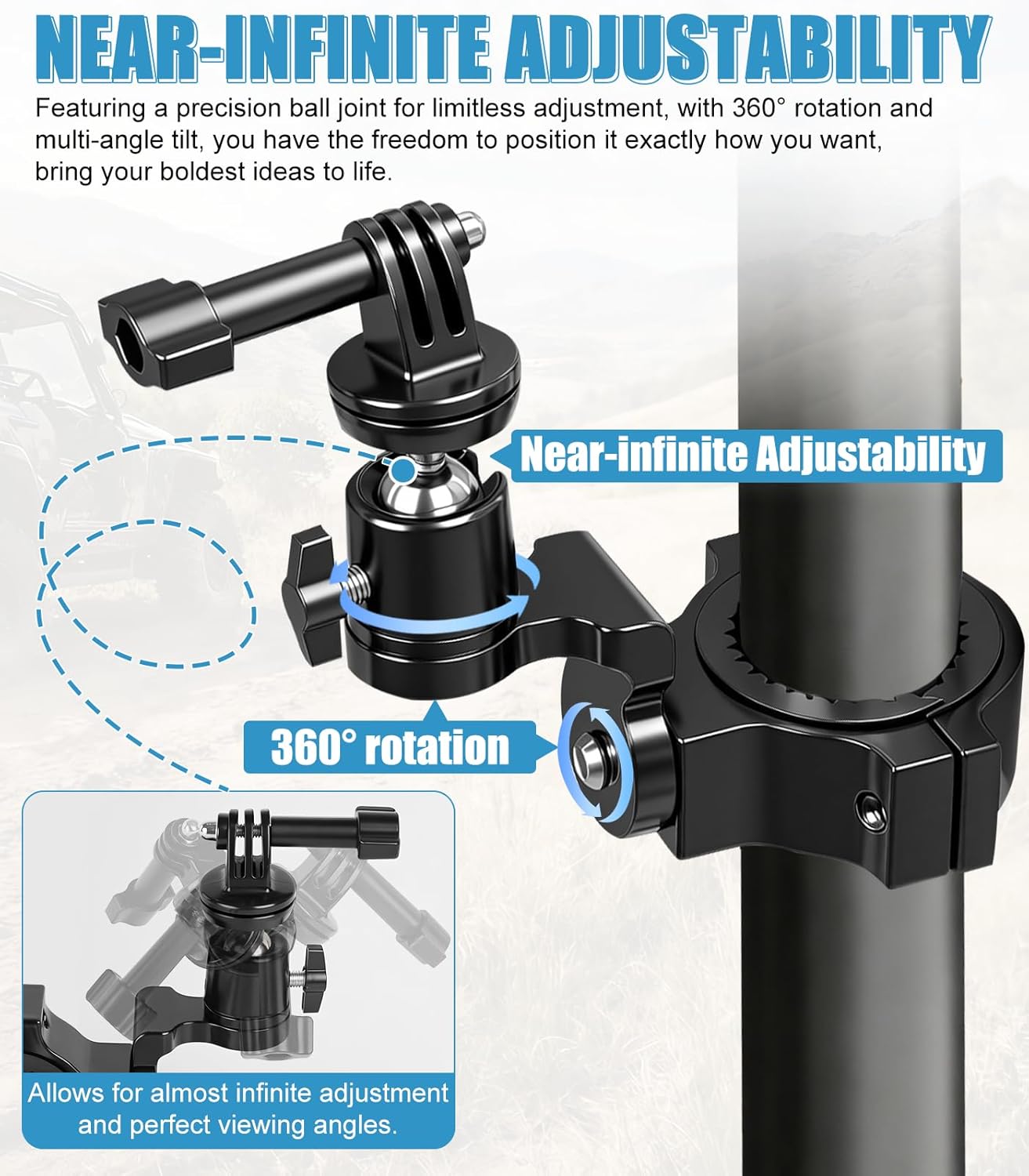 UTV Aluminum Action Camera Clamp Mount Holder Fits for GoPro Hero 13 12 11 10 9 8 7 6 5 4 3 DJI Osmo Arlo Akaso EK7000 Insta360 Cams, 1-2" Roll Bar Clamps for SXS Polaris Ranger Can-Am CF Moto