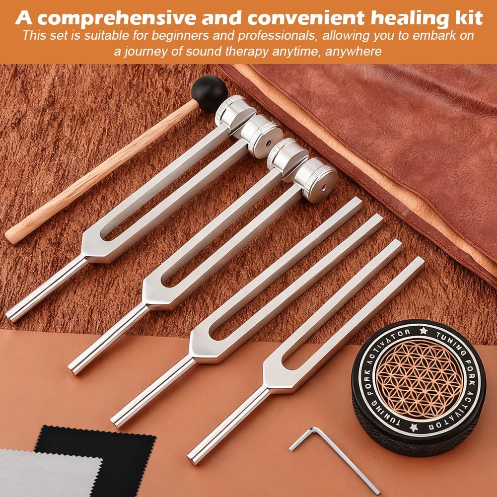 Tuning Forks for Healing Set,‌ Complete Healing Sound Set - 4-Tuning Forks (128Hz, 136.1Hz, 256Hz, 384Hz) + Accessories for Meditation, Yoga & Stress Relief‌