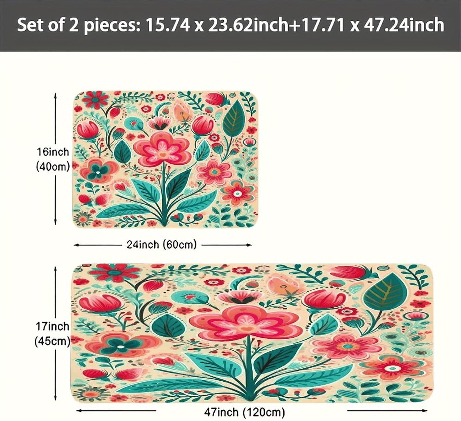 Flower Folk Art Kitchen Mat Kitchen Rug Set | Kitchen Rugs Flannel Velvety Washable breathable Water Absorbent Soft ，kitchen utensils for Kitchen, Floor,Laundry