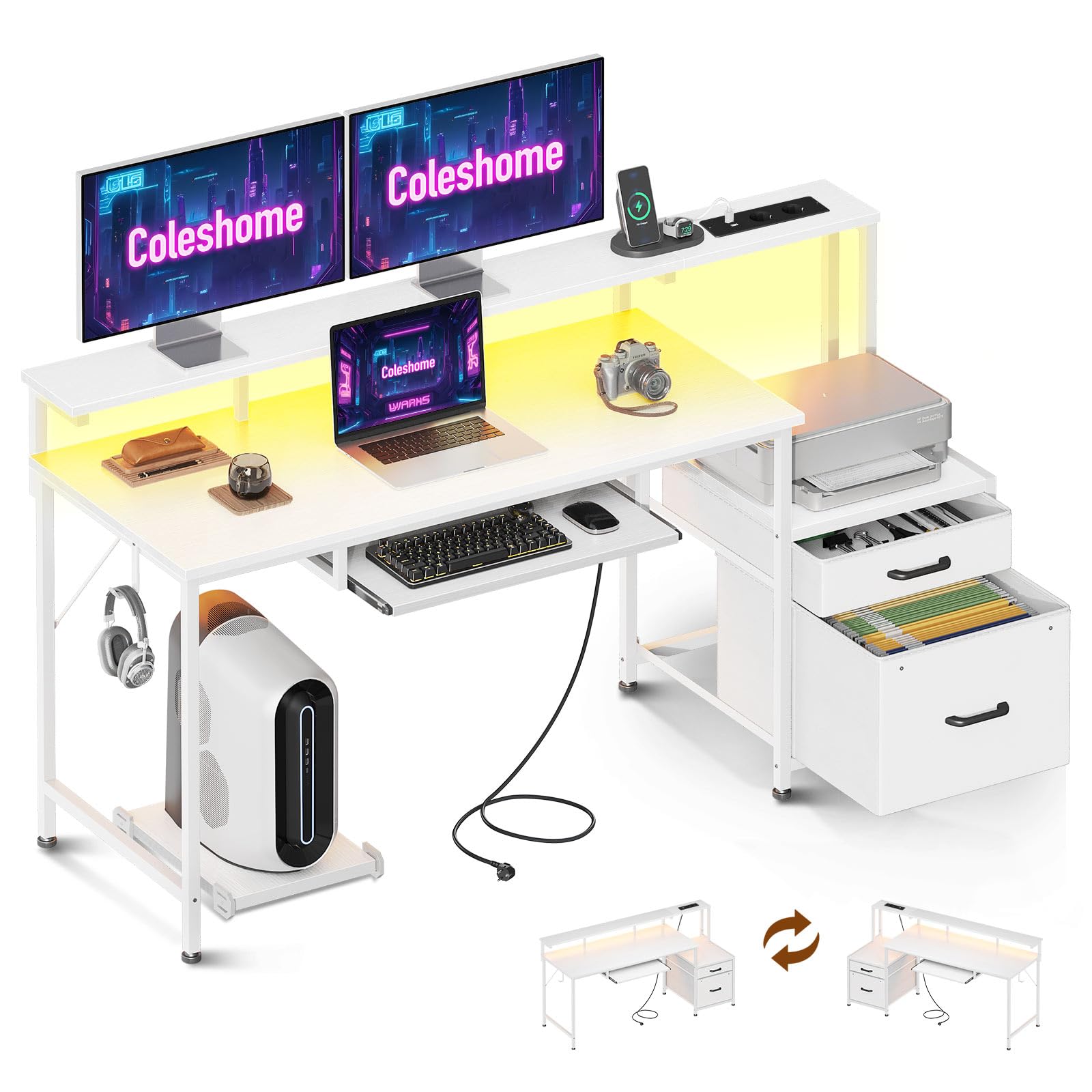 Coleshome Scrivania Gaming con LED e Prese, 140x48cm Scrivania con 2 Cassetti, Tavolo Computer Reversibile con Supporto Monitor e Vassoio per Tastiera Ufficio Casa,Bianco