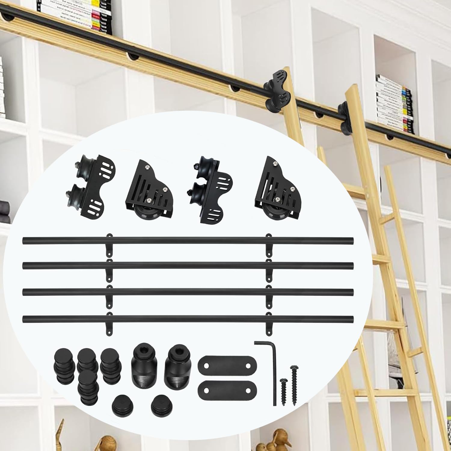 Kit hardware per scale scorrevoli da 4 m, binario in acciaio al carbonio con ruote a rulli e freno, facile installazione, accessori per biblioteca domestica o uso in loft