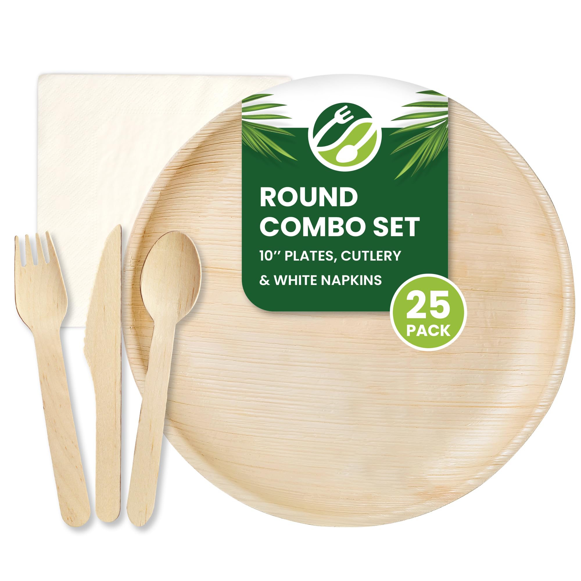 Eco Leaf 125pcs Disposable Palm Leaf Plates, Wooden Cutlery Set, White Napkins – 25 Large Round Plates, 25 Forks, Knives, and Spoons, 25 White Napkins – Eco-Friendly, Suitable for Parties