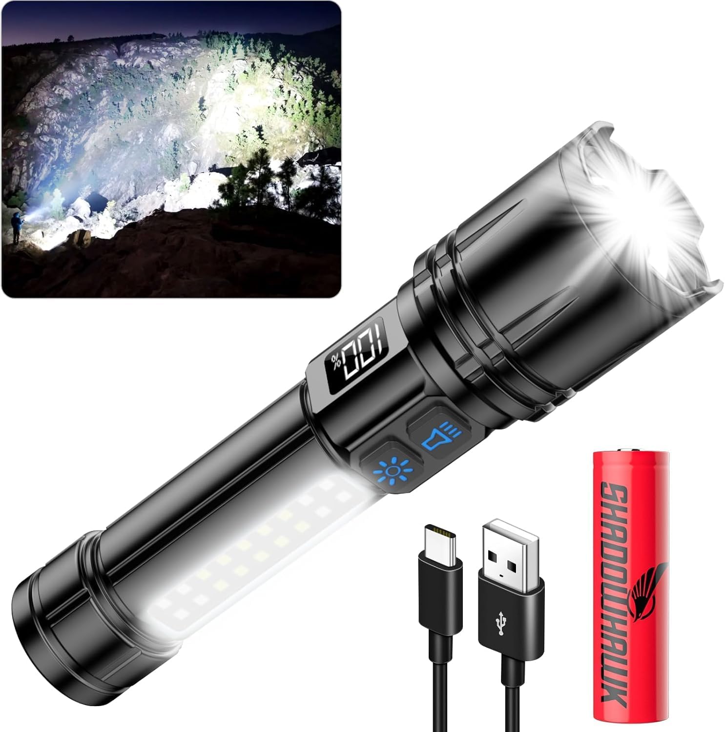 VANKCC High Power Rechargeable LED Flashlight, 10000 Lumens, LCD Display, COB Side Light, 7 Modes, Long Range, USB Portable Flashlight for Camping, Hunting & Emergency-image-28