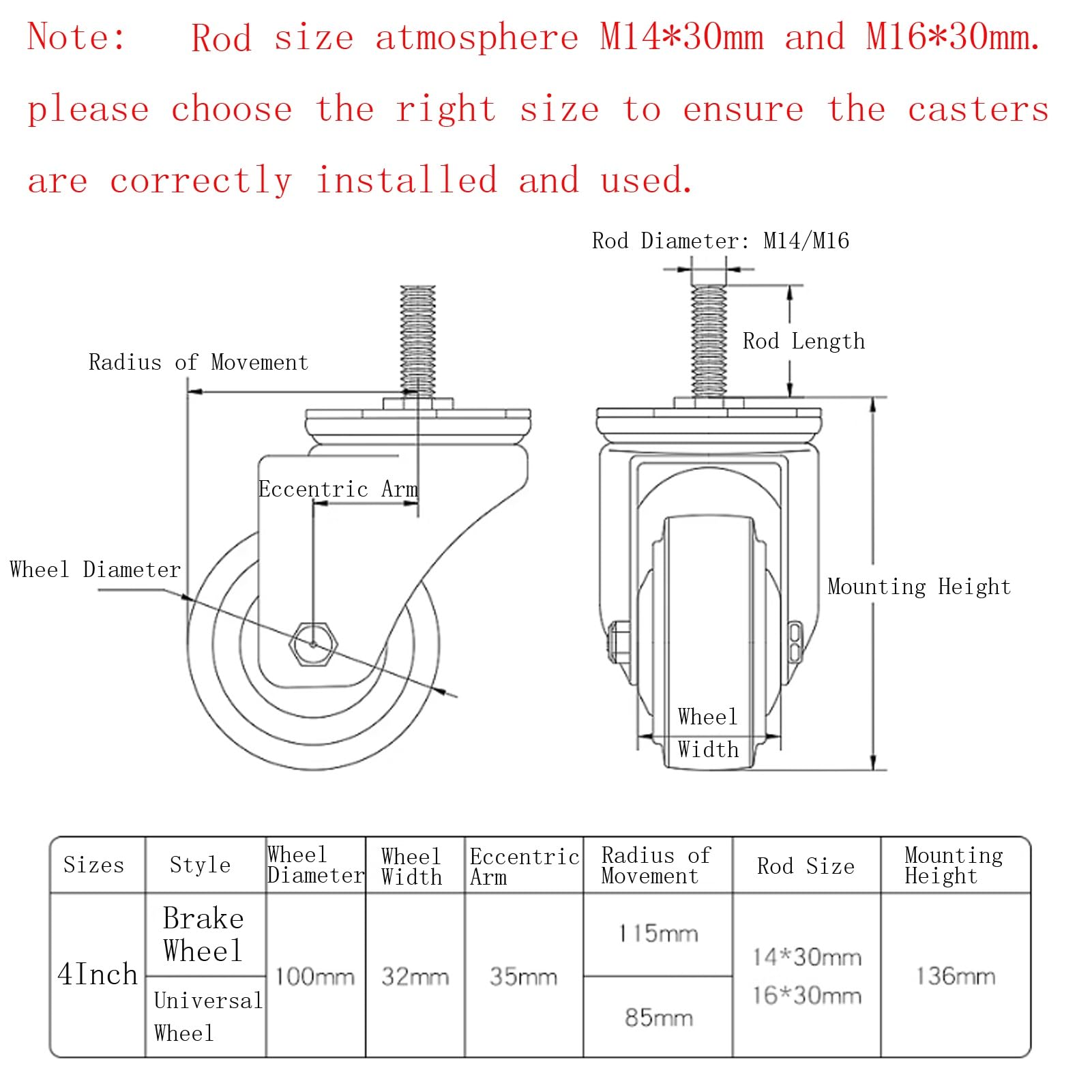 Wytrzymałe kółka gumowe 10 cm z hamulcem - ciche, uniwersalne kółka skrętne do wózków - gwint M14/M16 x 30 mm - nośność 330 kg - zestaw 4 szt