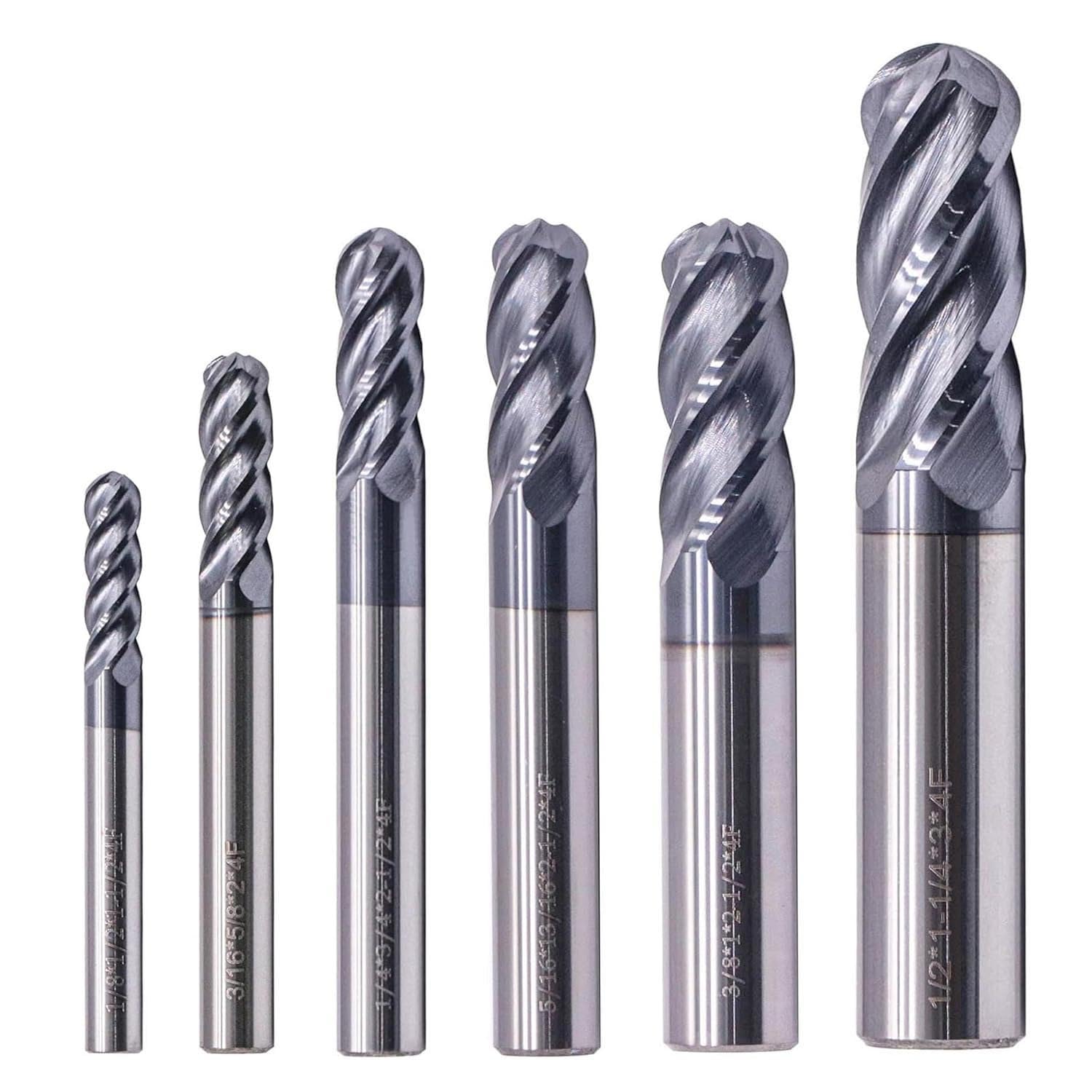 BestParts High Performance 6Pcs Solid Carbide Ball Nose End Mills Set 1/8", 3/16", 1/4", 5/16", 3/8", 1/2" - AlTiN Coated, 4 Flute, 30 Degree Helix,