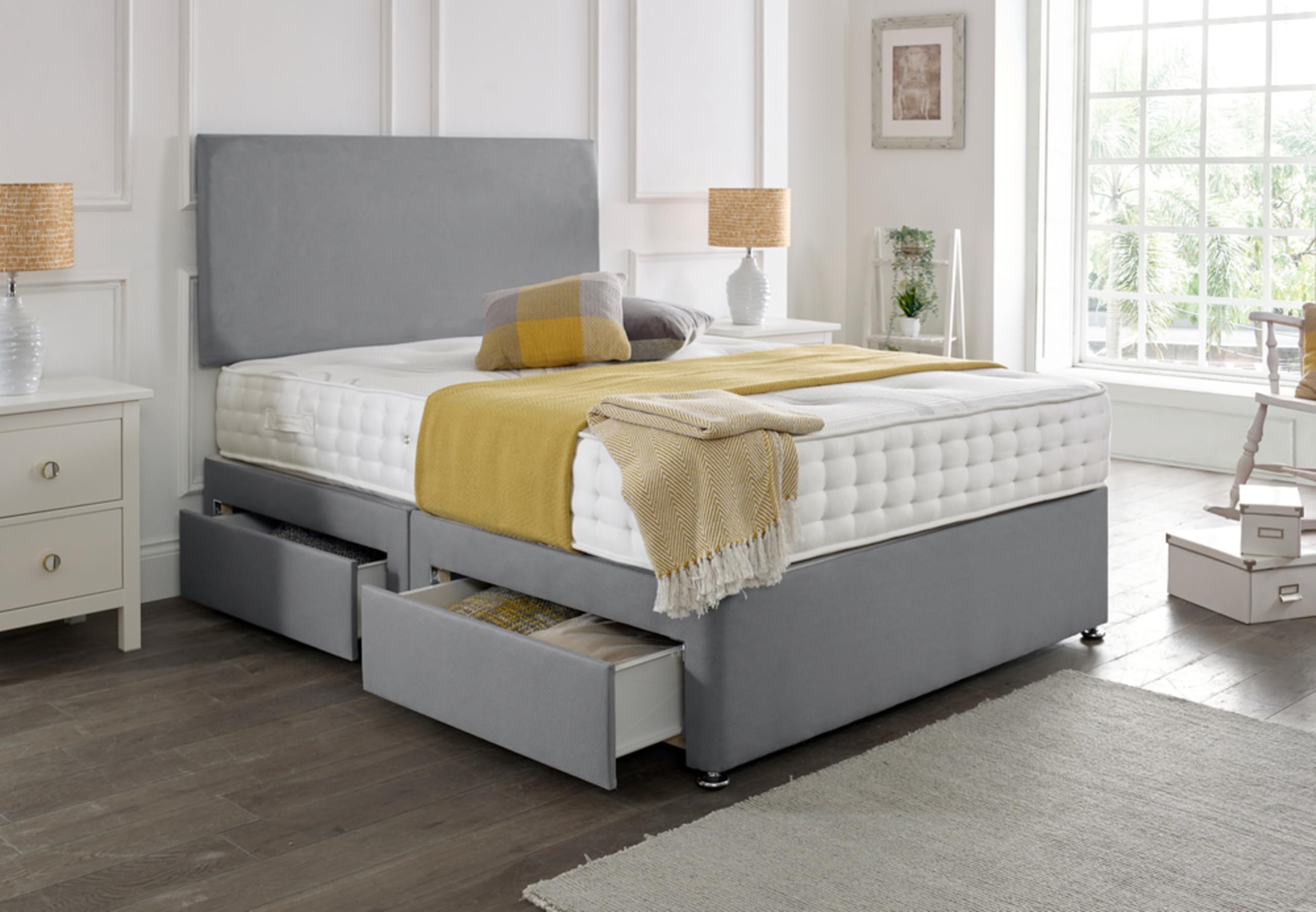 SANA SLEEPPremium Plain Fabric Divan Bed Set With Mattress, 2 Drawers (Same Side) and Headboard 4FT6 Double - Sierra Shark Grey