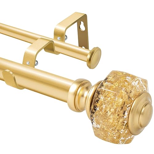 1 Inch Modern Gold Double Curtain Rod for Windows - Tension curtain rods 48 to 84 Inchs with Octagonal Crystal Finial -BHSRODS Home Double Window Rods for Living Room & Bedroom - Gold - 48“-84”