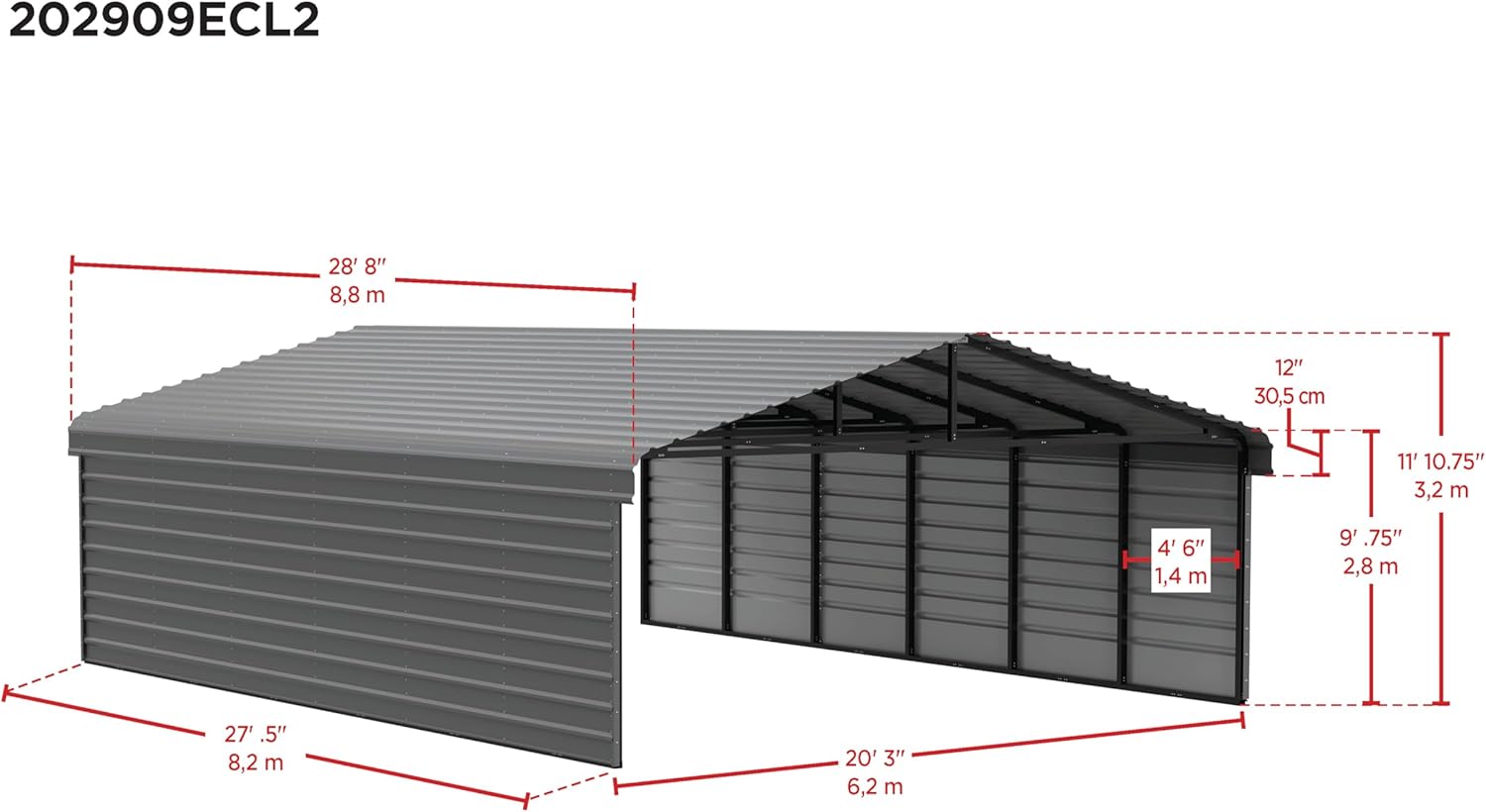 Arrow Carports Galvanized Steel Carport, with 2-Sided Enclosure, Compact Car Metal Carport Kit, 20' x 29' x 9', Eggshell