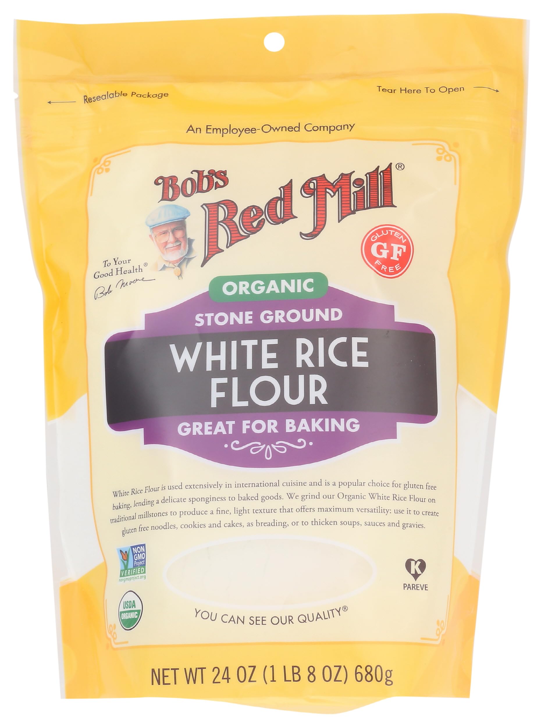 Organic White Rice Flour, 24oz (Pack of 1) - Non GMO, Vegan, Kosher