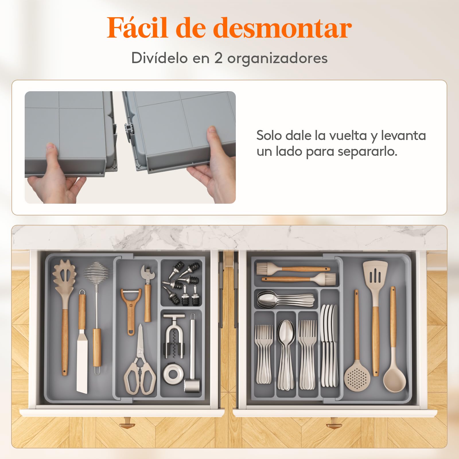 Lifewit Grande Organizador Cubiertos para Cajon, Plástico Bandeja Utensilios de Armario Cocina, Extensible de 54.1cm a 91.4cm, Separador de Cuchara Tenedor Cuchillo Pala Herramientas Pequeñas, Blanco
