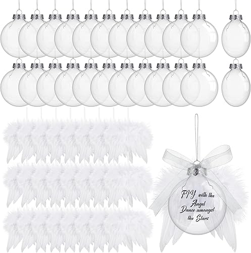 Sratte Adorno conmemorativo con forma de bola de plumas de plástico transparente rellenable, adornos para árbol y alas de plumas de ángel y cinta