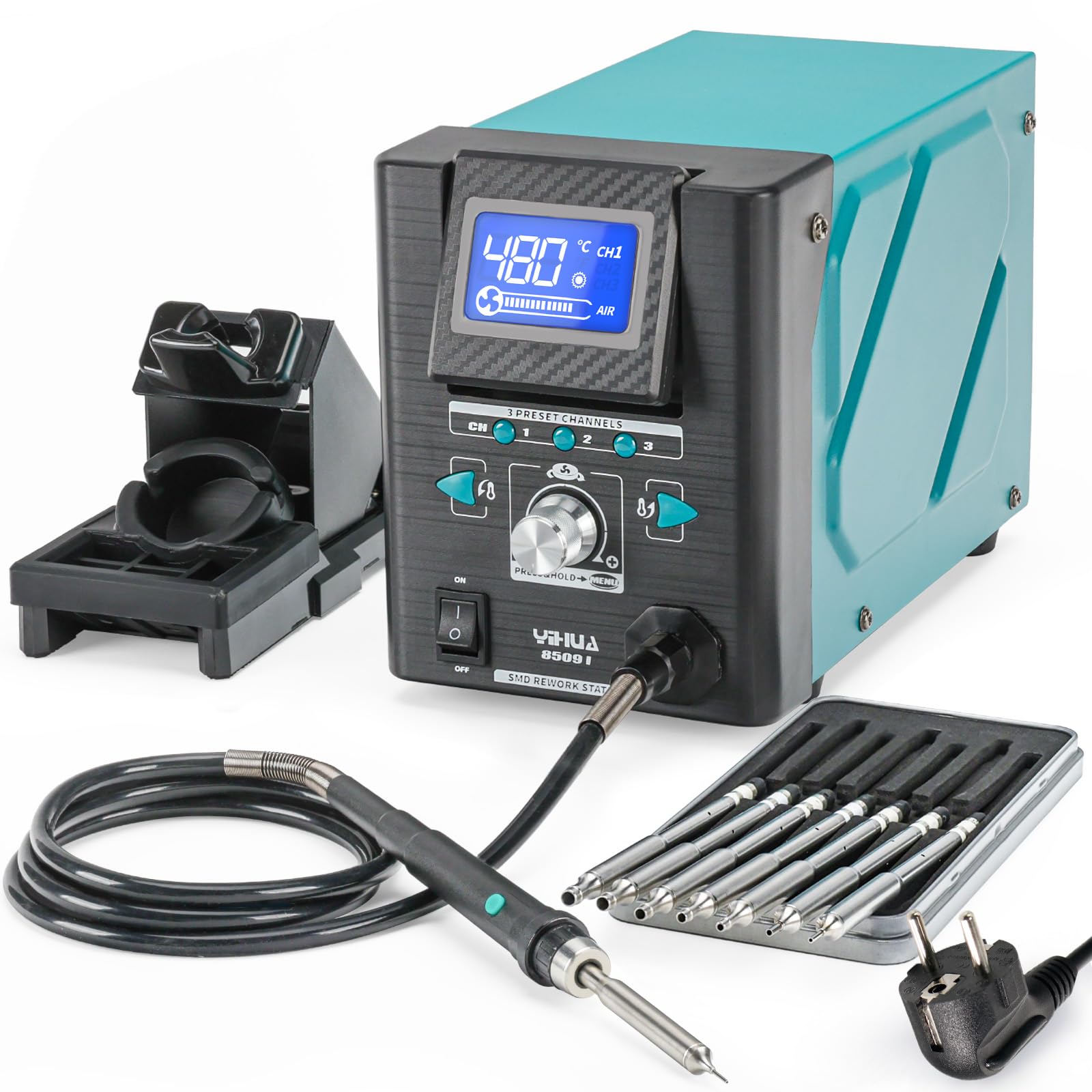 YIHUA 8509-I Saldatore Aria Calda, Stazione Saldante con Riscaldamento Rapido, Display Inclinabile, 3 Canali Preimpostati. 8 Ugelli per Rilavorazione e Riparazione SMD per la microsaldatura