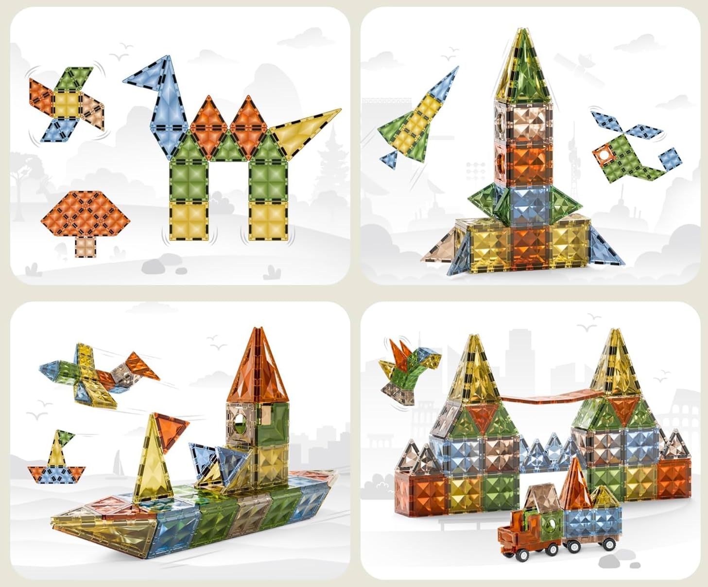 Magnetyczne Klocki Konstrukcyjne, Magic Magnetic Blocks 100 Elementów, Natularna Kolorystyka, Zestaw z Podwoziami, dla Dzieci 3+