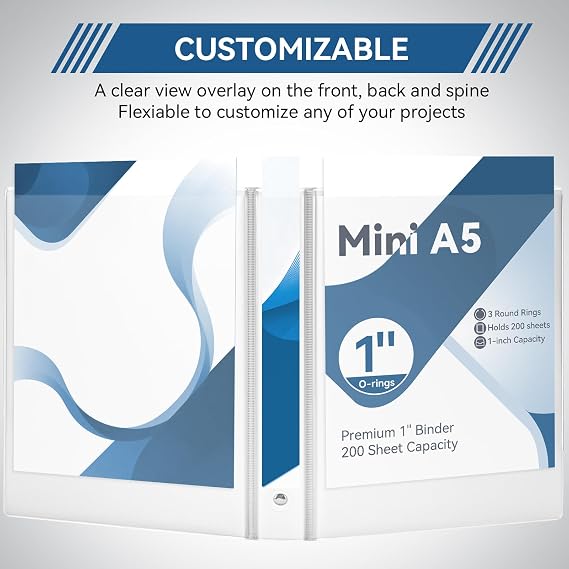 SUIN Mini 3 Ring Binder A5 Size 5.5x8.5, 1 Round Ring 200 Sheet Capacity, Bulk 6 Pack White Binders for School Office