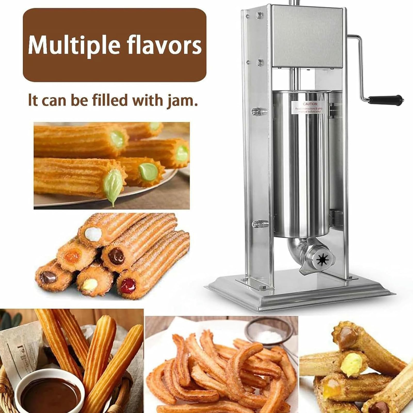 Spanischer Churro-Macher, manuelle Wurstfüllmaschine, vertikaler Edelstahl, inklusive 6 Formen und 5 Klistierformen, ideal für Cafeterien, Bäckereien und den Heimgebrauch