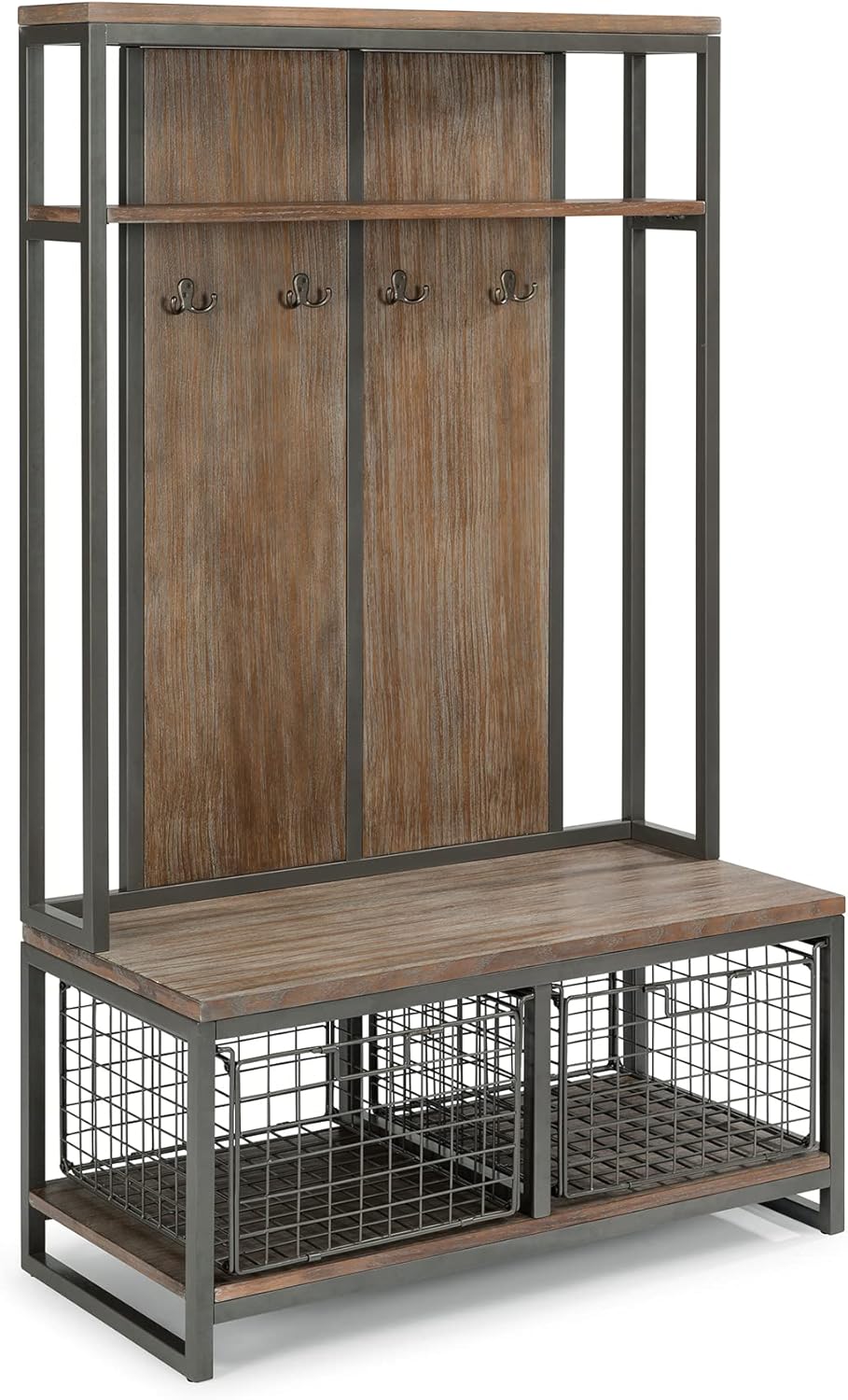 homestyles Barnside Metro Hall Tree Constructed of Mixes Media, Gray Metal Frame with Multi-toned Driftwood Finish with Two Large Storage Baskets and Four Hooks : Home & Kitchen