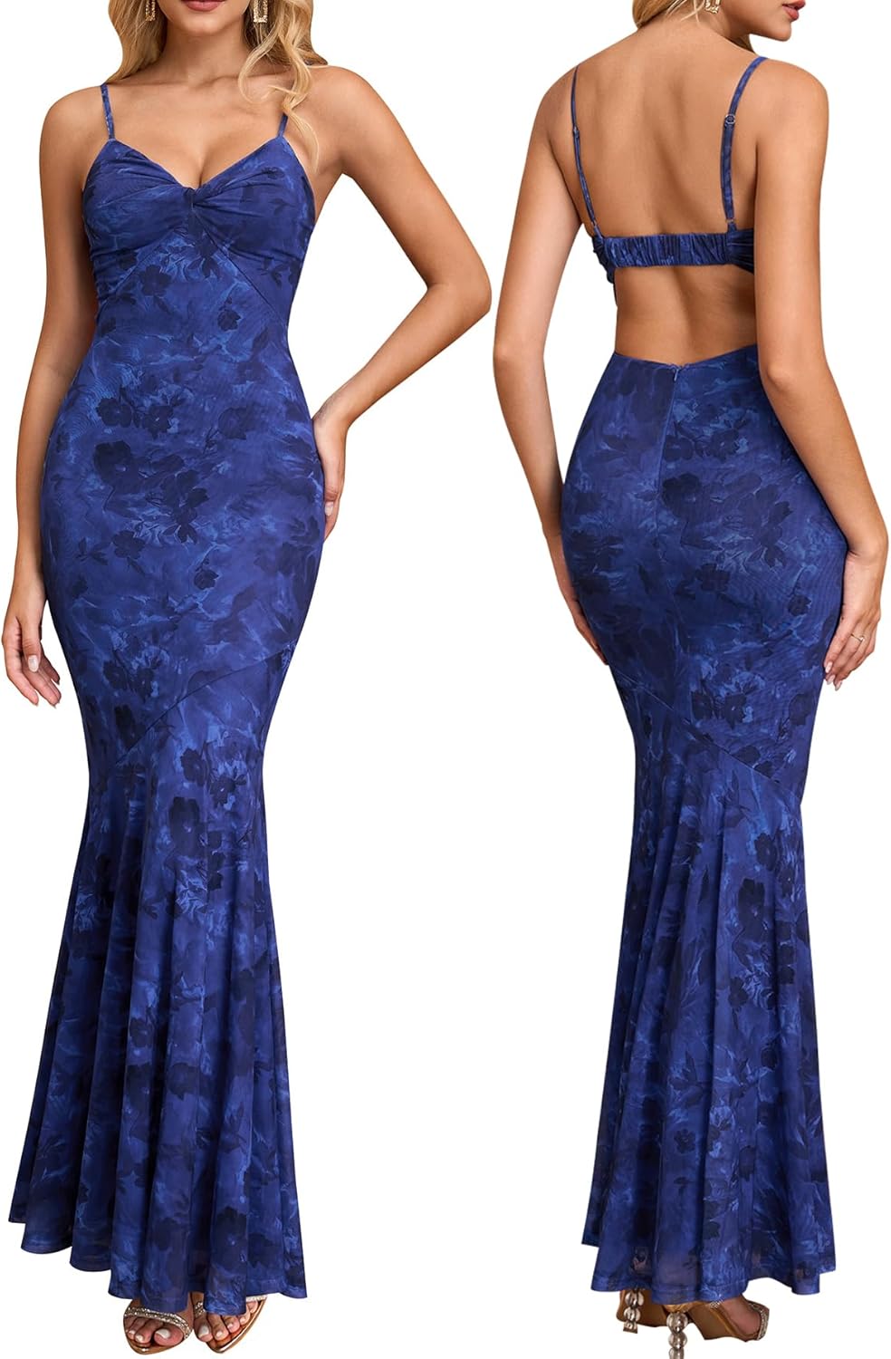 Auraxe Women's Floral Mesh Bodycon Maxi Dresses for Wedding Guest Spaghetti Strap Long Formal Cocktail Party Dress