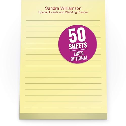 Bloc de notas amarillos impresos personalizados de 3.9 x 5.1in. Coloridos bloc de notas personalizados con el nombre de tu empresa, líneas con regla