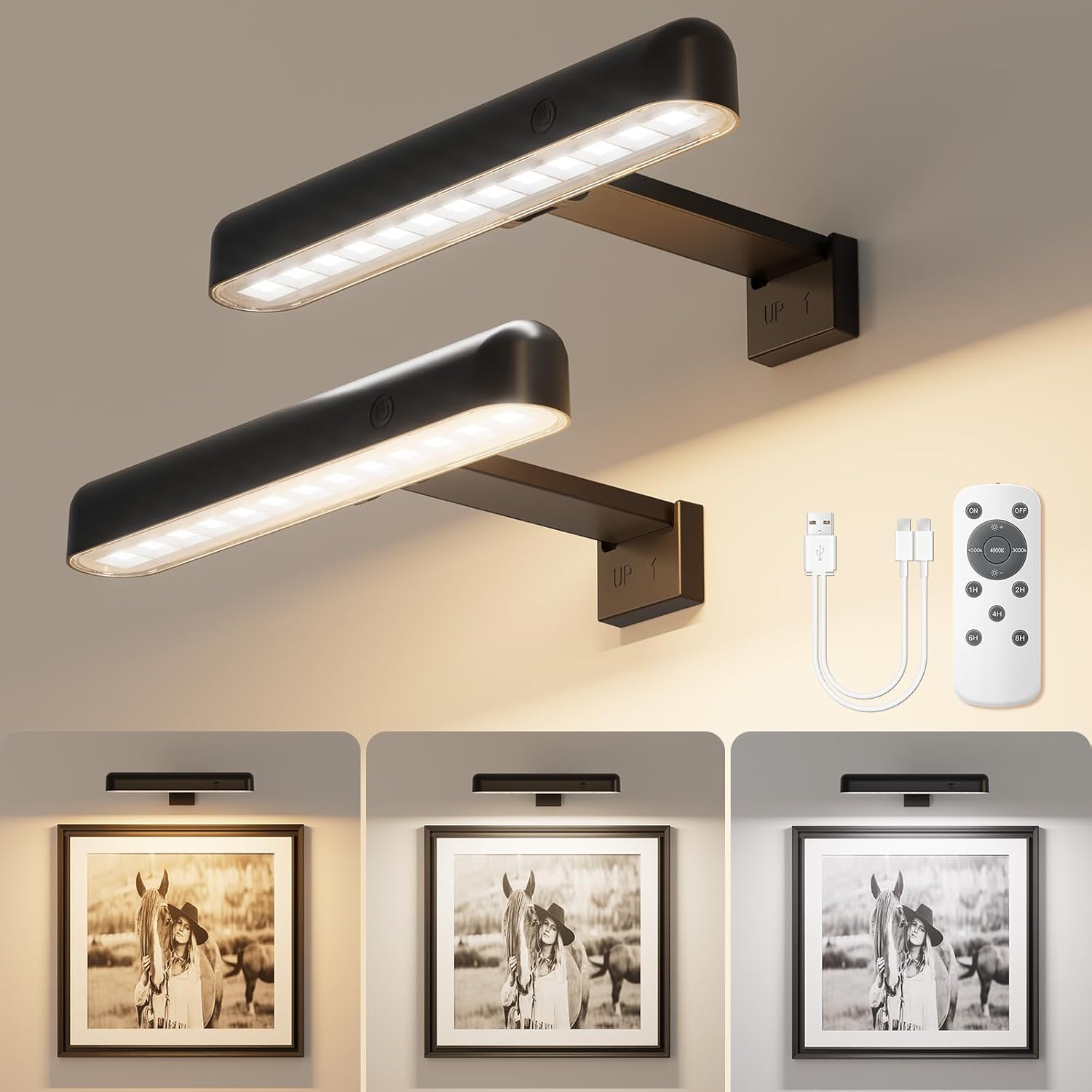 VOLISUN Picture Lights for Wall, Rechargeable Picture Light Battery Operated, 3 Color Temperatures Cordless Picture Light with Remote, Art Lighting for Paintings, Gallery, Portrait, 2 Pack (Black) Black 2 PACK