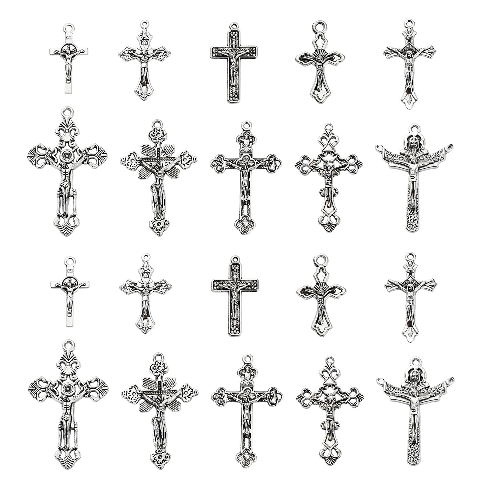 Stiesy 50pcs 10 Styles Vintage Cross Crucifix Jesus Charms Tibetan Silver Antique Style Easter Religious Christian Dangle Charms for Crafts Jewelry Making