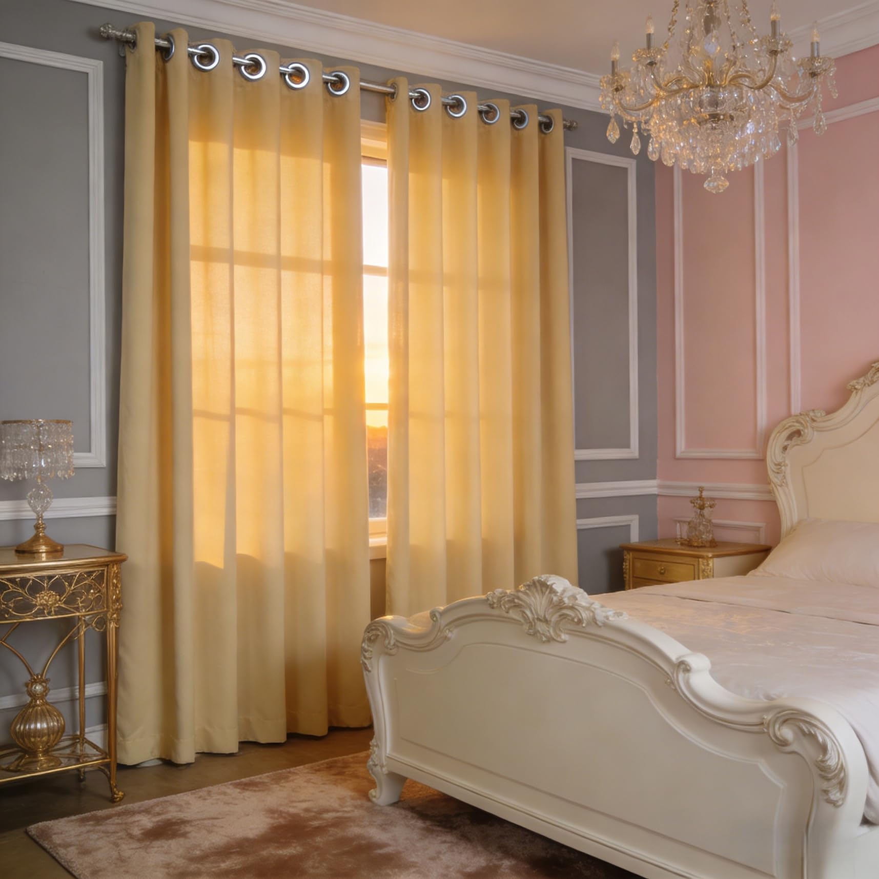 Cortinas acústicas translúcidas con ojales de tela térmica color crema para cocina