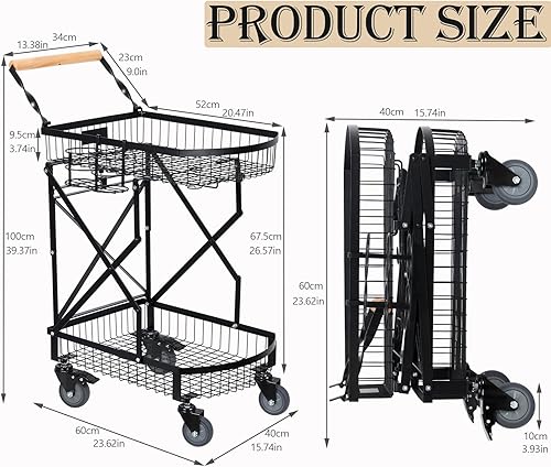 Miniatura 3 de Carrito de compras plegable, carrito de compras para comestibles plegable con estante para botellas, carrito de compras giratorio de 360 grados con