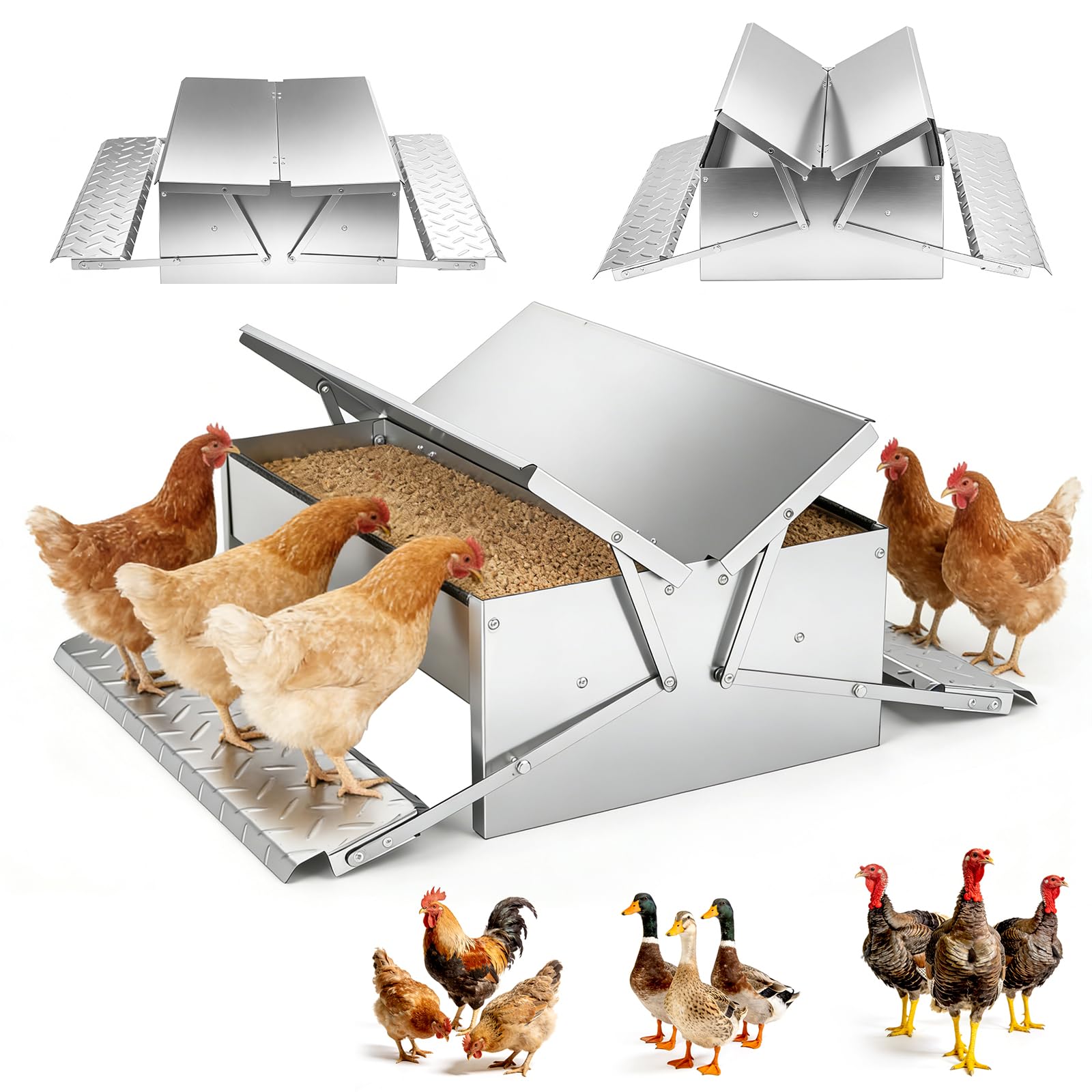 Comedero Gallinas Anti Ratas Antipajaros, Comedero Automático Gallinas de 12KG, Doble Cara con Pedal, Acero Inoxidable, para Pollos, Patos y Gansos, para Exterior/Gallineros/Granjas/Patios