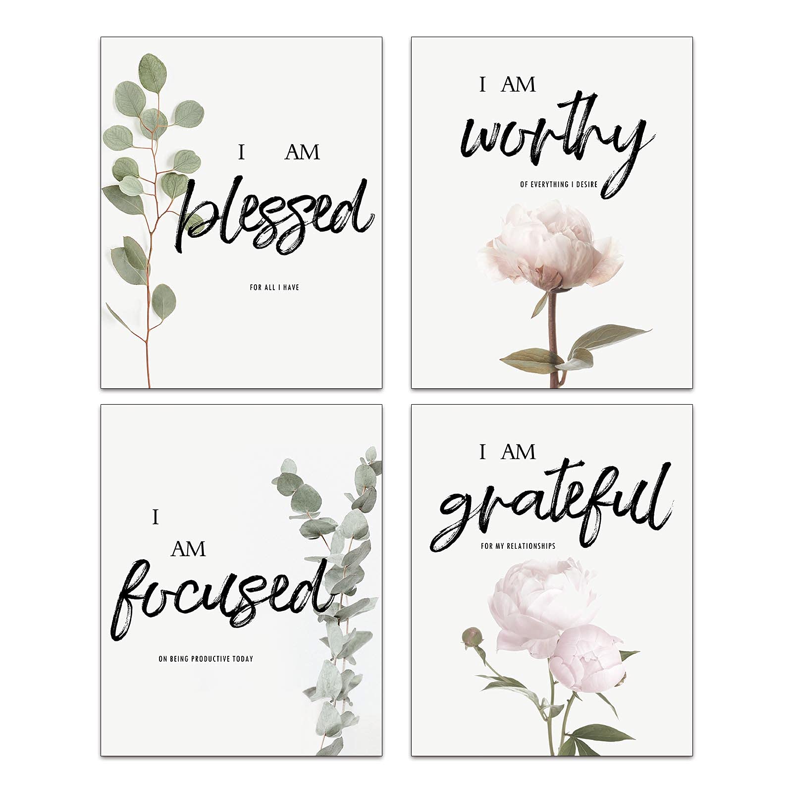 Inspirational Quote Wall Art Pink Peonies Flower Eucalyptus Leaves Botanical Wall Art Set Of 4 (8”X10”Canvas Picture) Modern Wall Decor Office Living Room Wall Painting No Frame