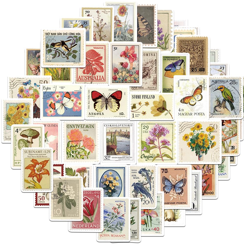 Vintage Flower Postage Stamp Stickers - 50Pcs Waterproof Decals for Journals, Scrapbooking, Postcard- Collage Art, Ephemera, Laptop, Helmet, Water